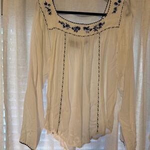 Aeropostale White and Blue Embroidered Top